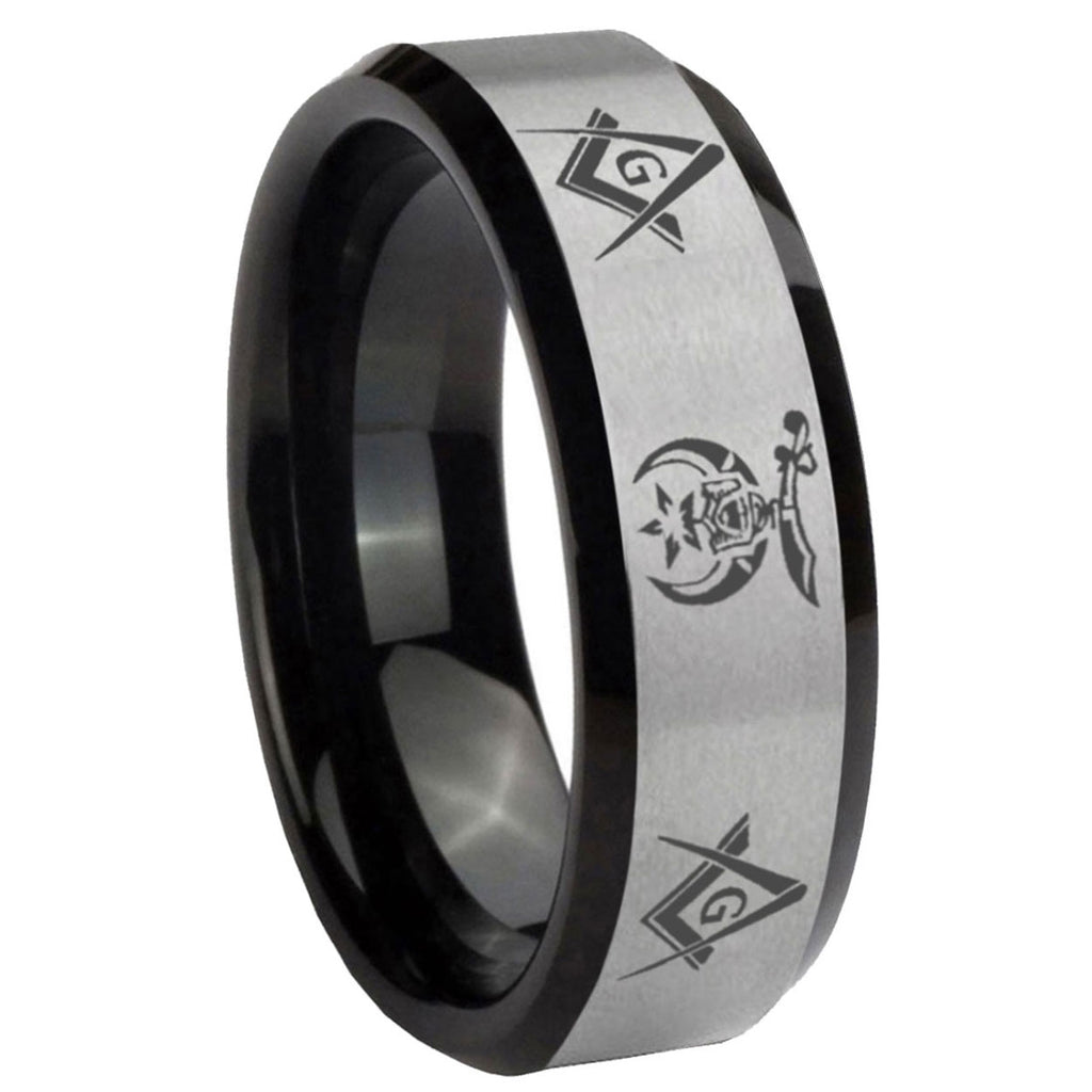 10mm Masonic Shriners Beveled Brushed Silver Black Tungsten Mens Promise Ring