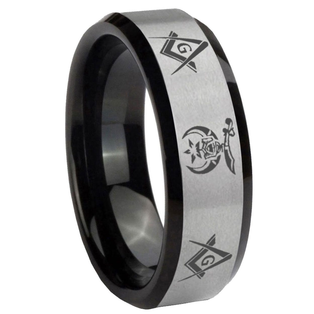 10mm Masonic Shriners Beveled Brushed Silver Black Tungsten Mens Promise Ring