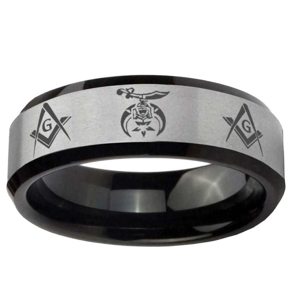10mm Masonic Shriners Beveled Brushed Silver Black Tungsten Mens Promise Ring