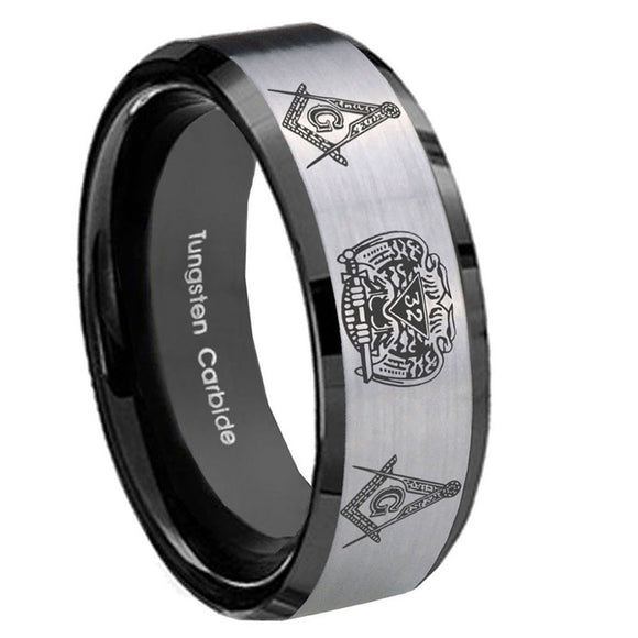 10mm-Masonic-32-Design-Beveled-Brushed-Silver-Black-Tungsten-Anniversary-Ring