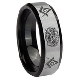 His Hers Masonic 32 Design Beveled Brush Black 2 Tone Tungsten Men's Band Ring Set