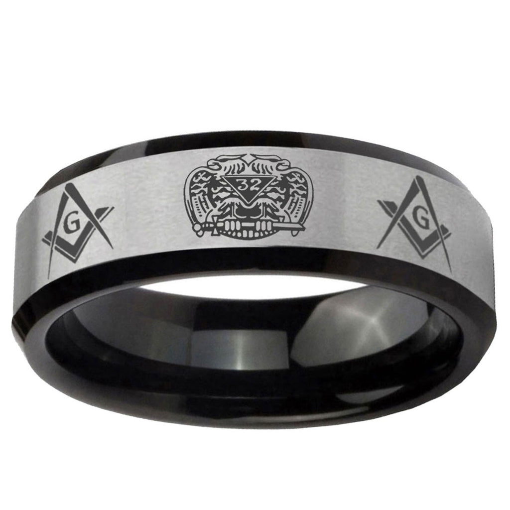 10mm Masonic 32 Design Beveled Brushed Silver Black Tungsten Ring