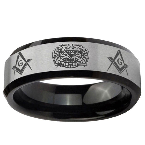 10mm Masonic 32 Design Beveled Brushed Silver Black Tungsten Ring