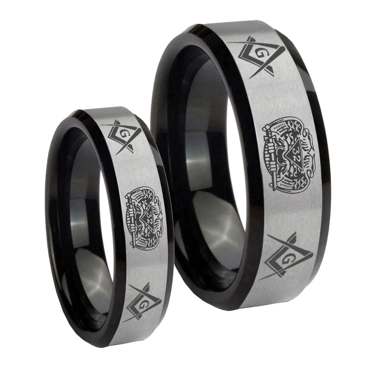 Masonic 32 Design Beveled Brush Black 2 Tone Tungsten Mens Set Rings
