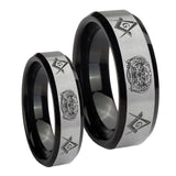 His Hers Masonic 32 Design Beveled Brush Black 2 Tone Tungsten Men's Band Ring Set