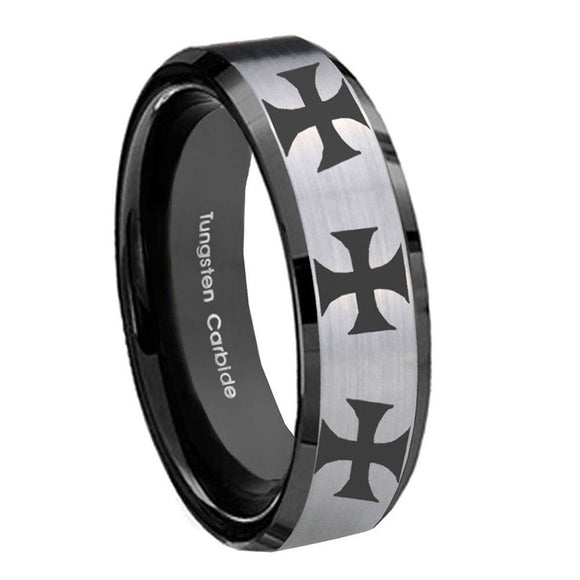 8mm-Multiple-Maltese-Cross-Beveled-Edges-Brush-Black-2-Tone-Tungsten-Bands-Ring