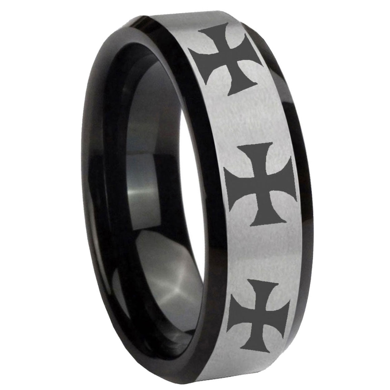 10mm Multiple Maltese Cross Beveled Brushed Silver Black Tungsten Men's Ring