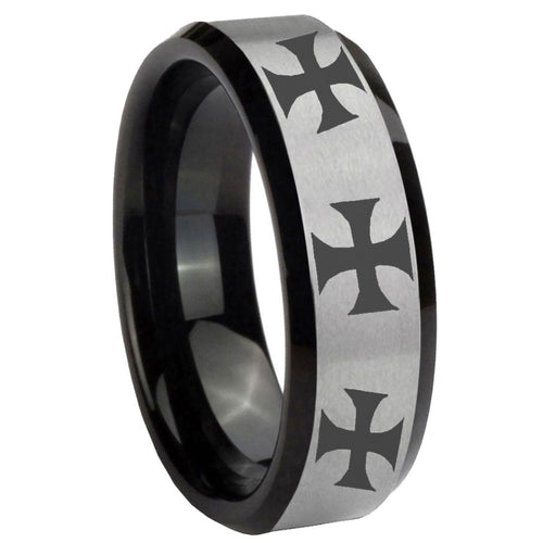 10mm Multiple Maltese Cross Beveled Brushed Silver Black Tungsten Men's Ring