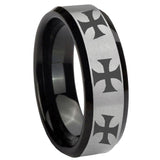 10mm Multiple Maltese Cross Beveled Brushed Silver Black Tungsten Men's Ring