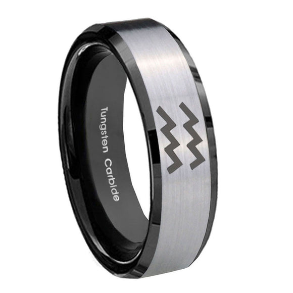 10mm-Aquarius-Horoscope-Beveled-Brushed-Silver-Black-Tungsten-Mens-Wedding-Ring