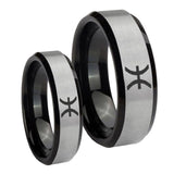 His Hers Pisces Zodiac Beveled Edges Brush Black 2 Tone Tungsten Rings for Men Set