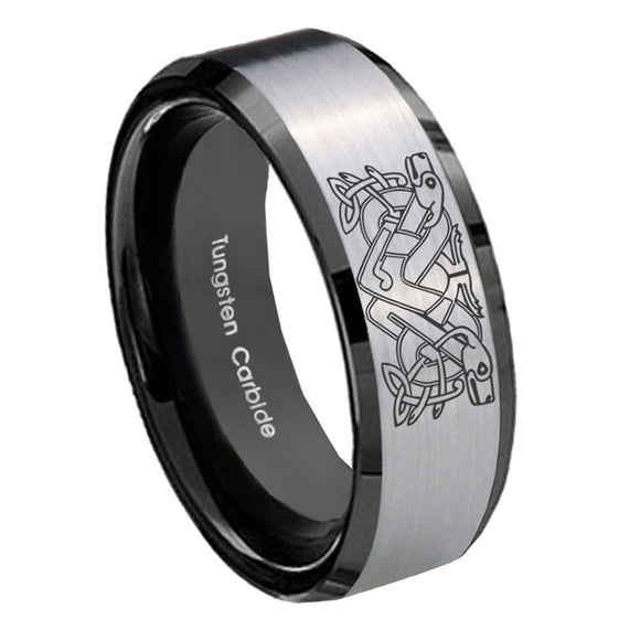 10mm-Celtic-Dog-Beveled-Brushed-Silver-Black-Tungsten-Custom-Mens-Ring