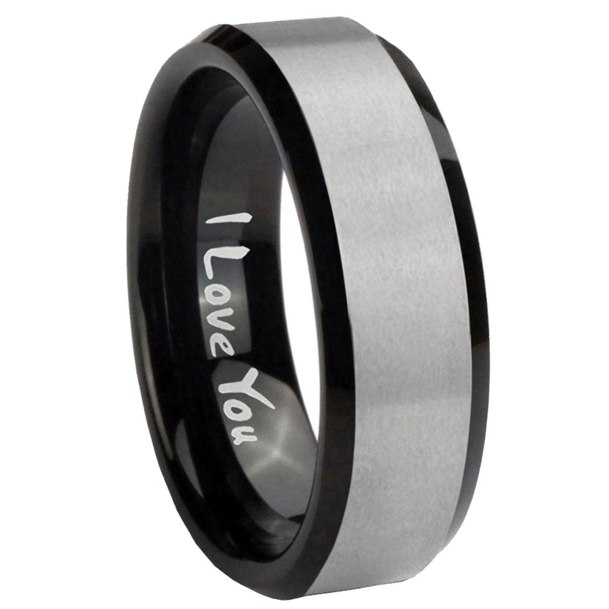 8mm I Love You Two-Tone Beveled Gray Black Tungsten Wedding Ring