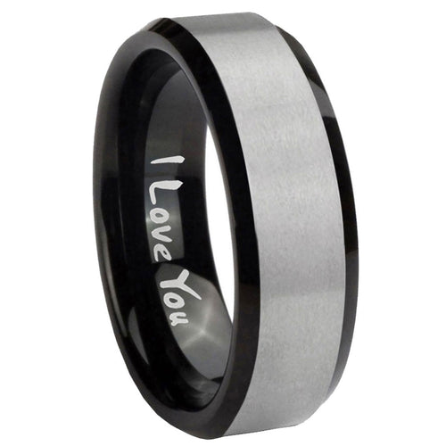 10mm I Love You Beveled Edges Brushed Silver Black Tungsten Wedding Band Ring