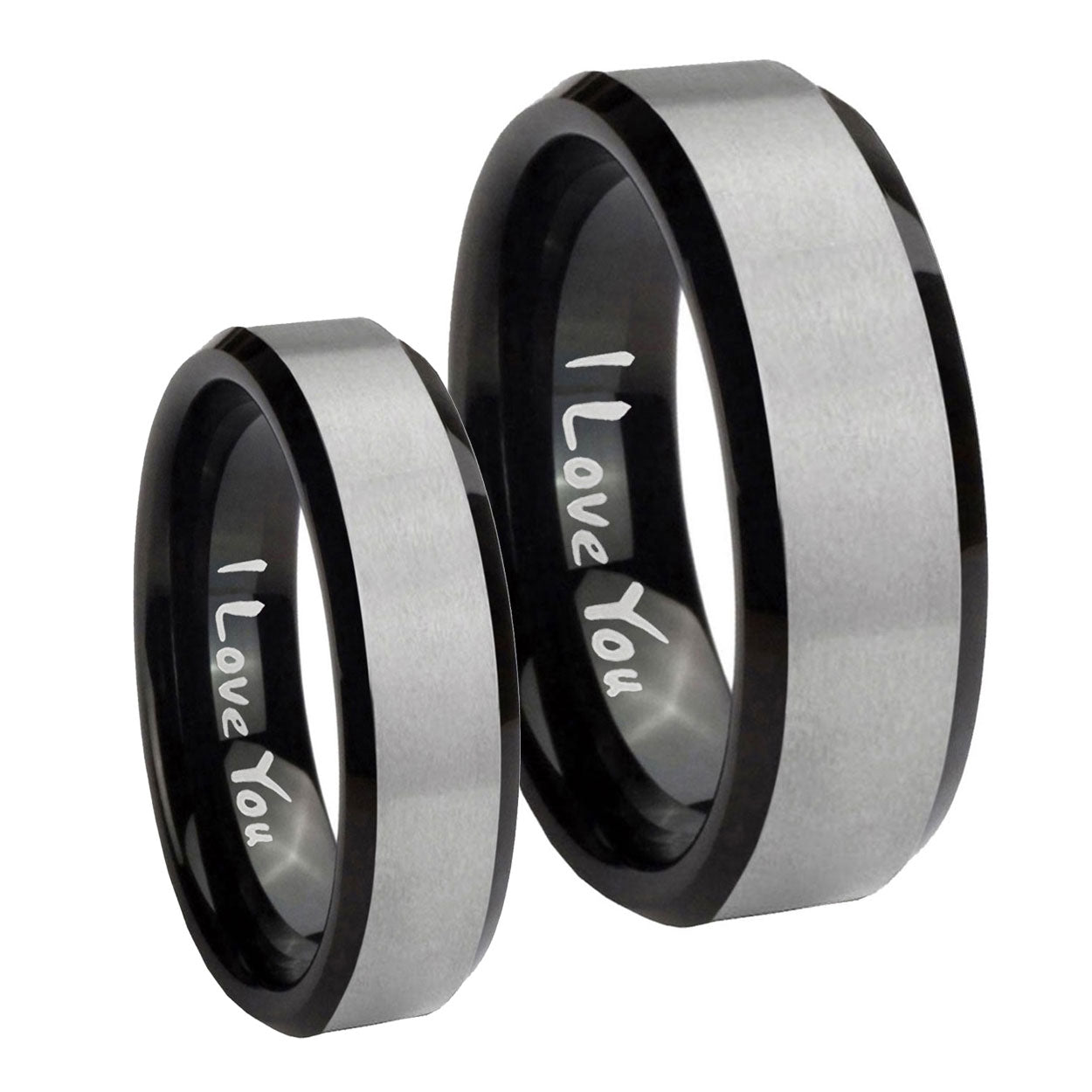 I Love You Beveled Brush Black 2 Tone Tungsten Bridal Ring Sets