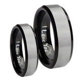 His Hers I Love You Beveled Brush Black 2 Tone Tungsten Men's Ring Set