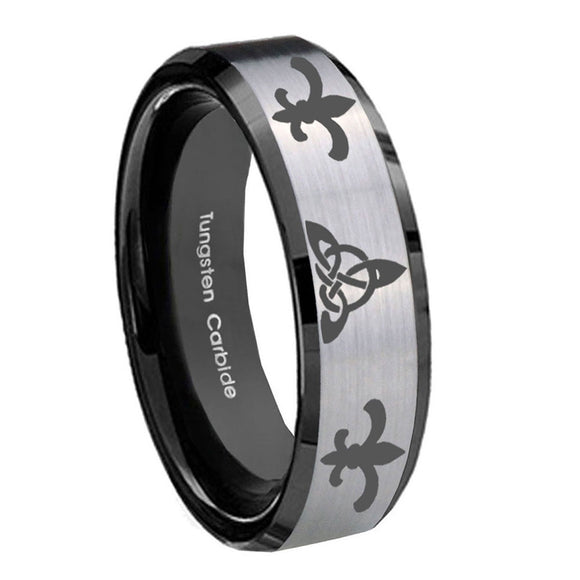 10mm-Celtic-Triangle-Fleur-De-Lis-Beveled-Brushed-Silver-Tungsten-Mens-Ring