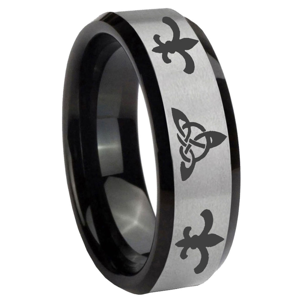 10mm Celtic Triangle Fleur Delis Beveled Brushed Silver Tungsten Mens Ring