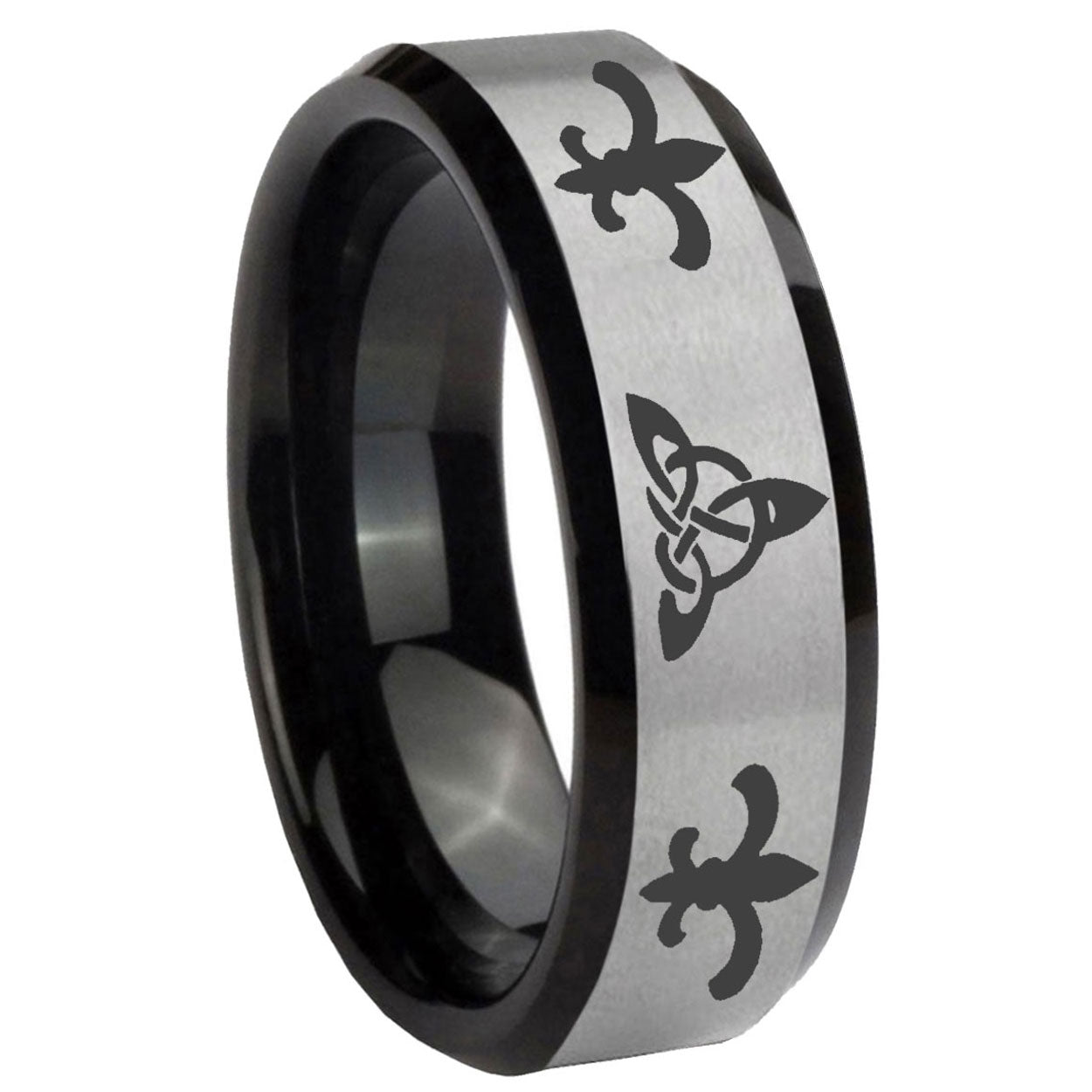 10mm Celtic Triangle Fleur Delis Beveled Brushed Silver Tungsten Mens Ring
