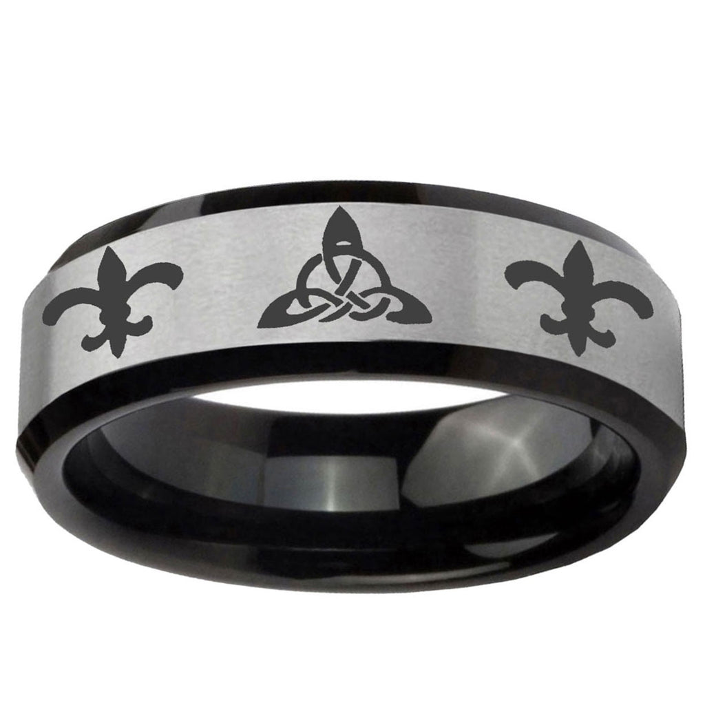 10mm Celtic Triangle Fleur-De-Lis Beveled Brushed Silver Tungsten Mens Ring