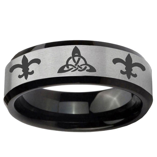 10mm Celtic Triangle Fleur-De-Lis Beveled Brushed Silver Tungsten Mens Ring