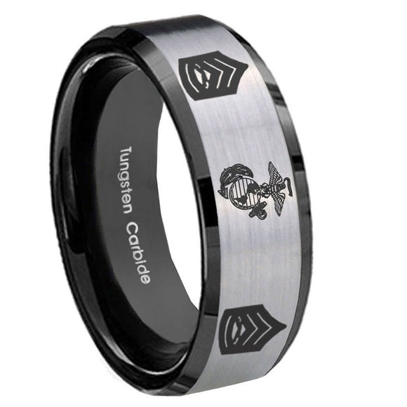 10mm-Marine-Army-Sergeant-Beveled-Edges-Brushed-Silver-Black-Tungsten-Engraved-Ring