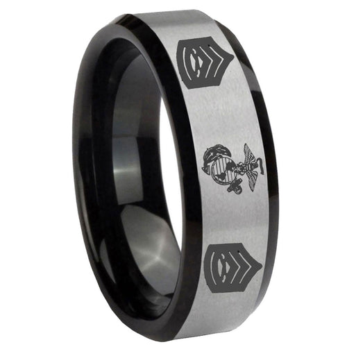 10mm Marine Army Sergeant Beveled Edges Brushed Silver Black Tungsten Engraved Ring