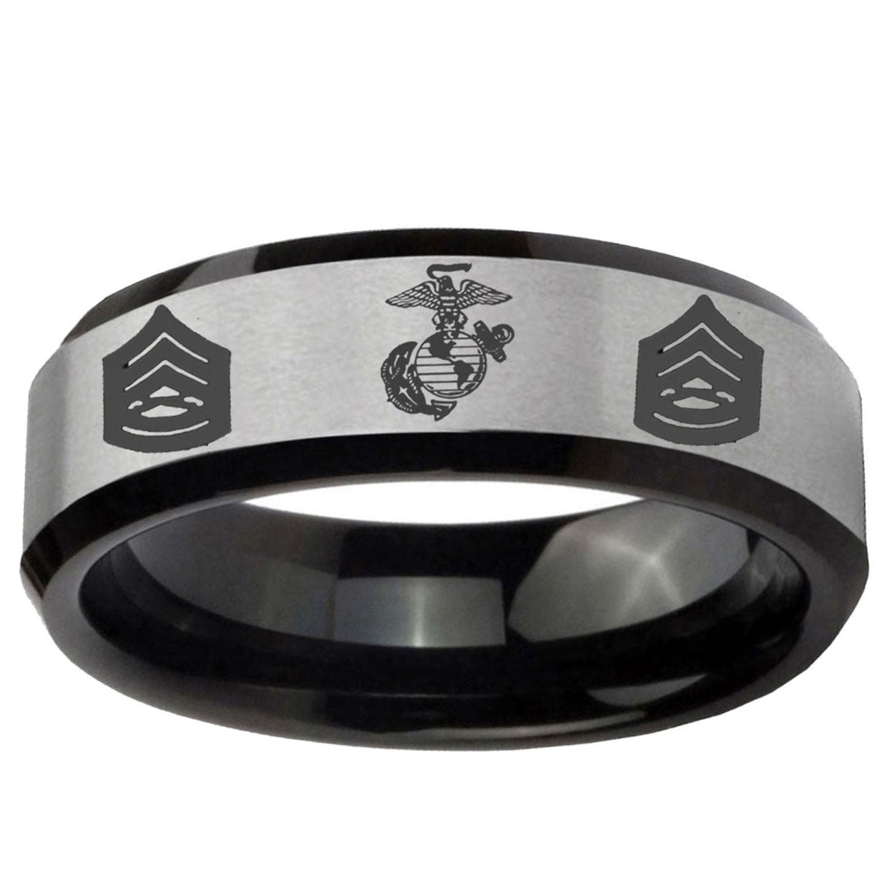 10mm Marine Army Sergeant Beveled Edge Brushed Silver Black Tungsten Engraved Ring