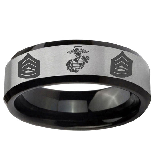 10mm Marine Army Sergeant Beveled Edge Brushed Silver Black Tungsten Engraved Ring
