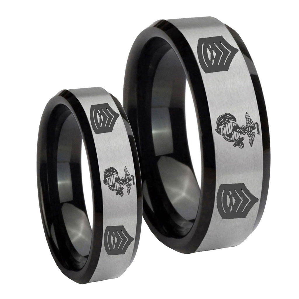 Marine Army Sergeant Beveled Brush Black 2 Tone Tungsten Wedding Band Set