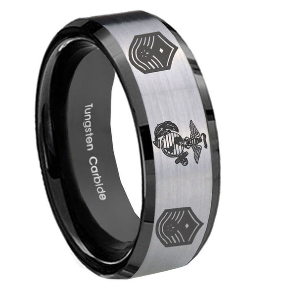 10mm-Marine-Chief-Master-Sergeant--Beveled-Brushed-Silver-Black-Tungsten-Bands-Ring