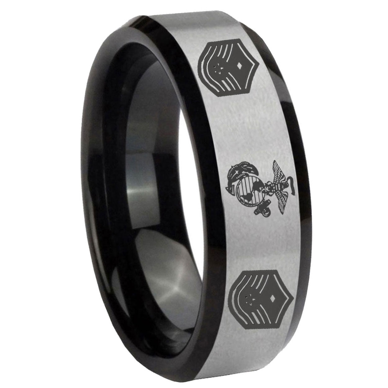 10mm Marine Chief Master Sergeant Beveled Brushed Silver Black Tungsten Bands Ring