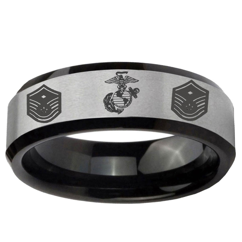 10mm Marine Chief Master Sergeant Beveled Brushed Silver Black Tungsten Bands Ring