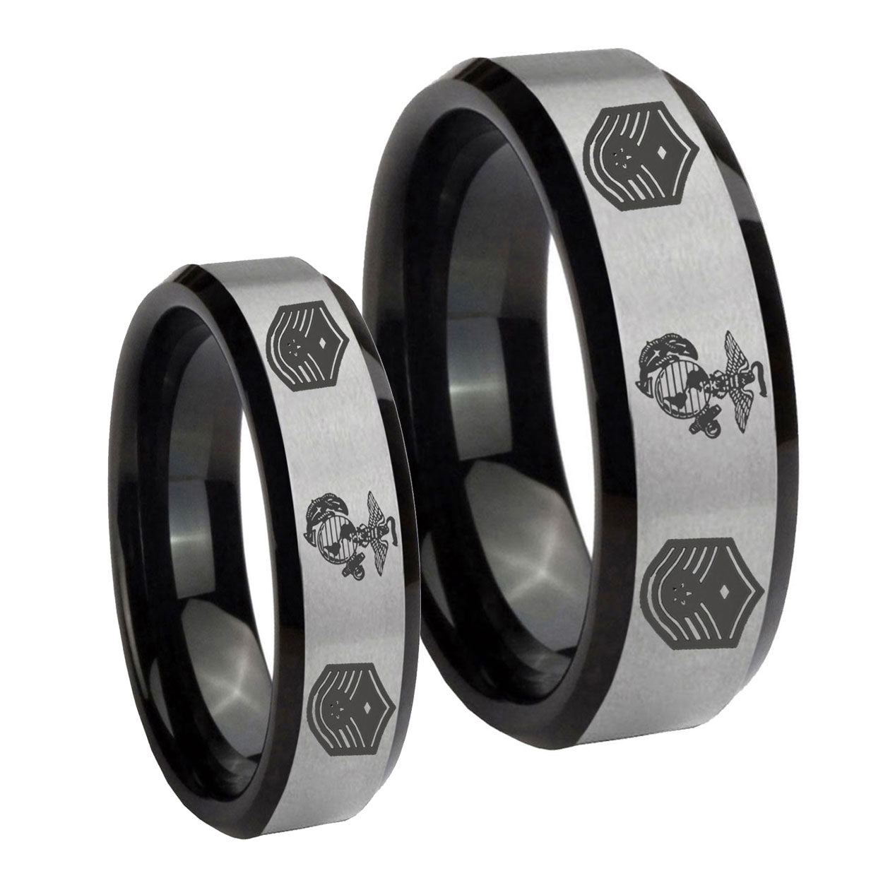 Marine Chief Master Sergeant Beveled Brush Black 2 Tone Tungsten Wedding Ring Sets