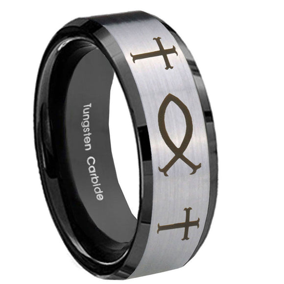 10mm-Fish-&-Cross-Beveled-Brushed-Silver-Black-Tungsten-Men's-Wedding-Ring