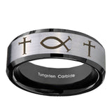 10mm-Fish-&-Cross-Beveled-Brushed-Silver-Black-Tungsten-Men's-Wedding-Ring