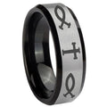 10mm Fish & Cross Beveled Brushed Silver Black Tungsten Men's Wedding Ring