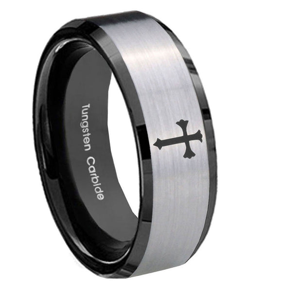 10mm-Flat-Christian-Cross-Beveled-Brushed-Silver-Black-Tungsten-Men's-Band-Ring