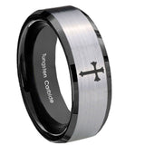 10mm-Flat-Christian-Cross-Beveled-Brushed-Silver-Black-Tungsten-Men's-Band-Ring