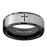8mm-Flat-Christian-Cross-Beveled-Brush-Black-2-Tone-Tungsten-Mens-Wedding-Ring