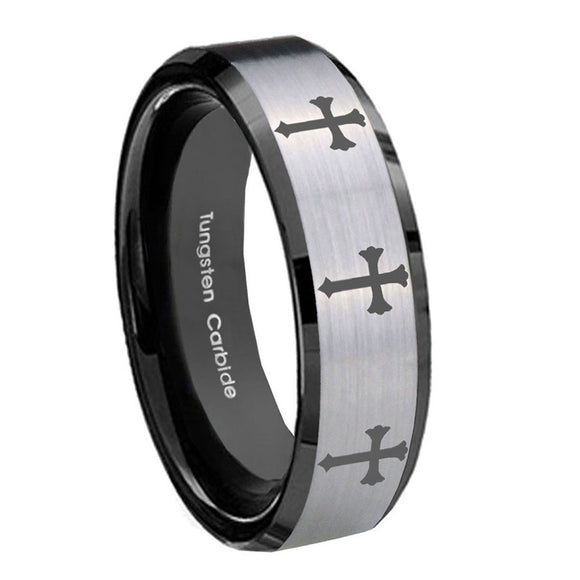8mm-Multiple-Christian-Cross-Beveled-Brush-Black-2-Tone-Tungsten-Rings-for-Men