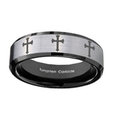 10mm-Multiple-Christian-Cross-Beveled-Brushed-Silver-Black-Tungsten-Mens-Ring