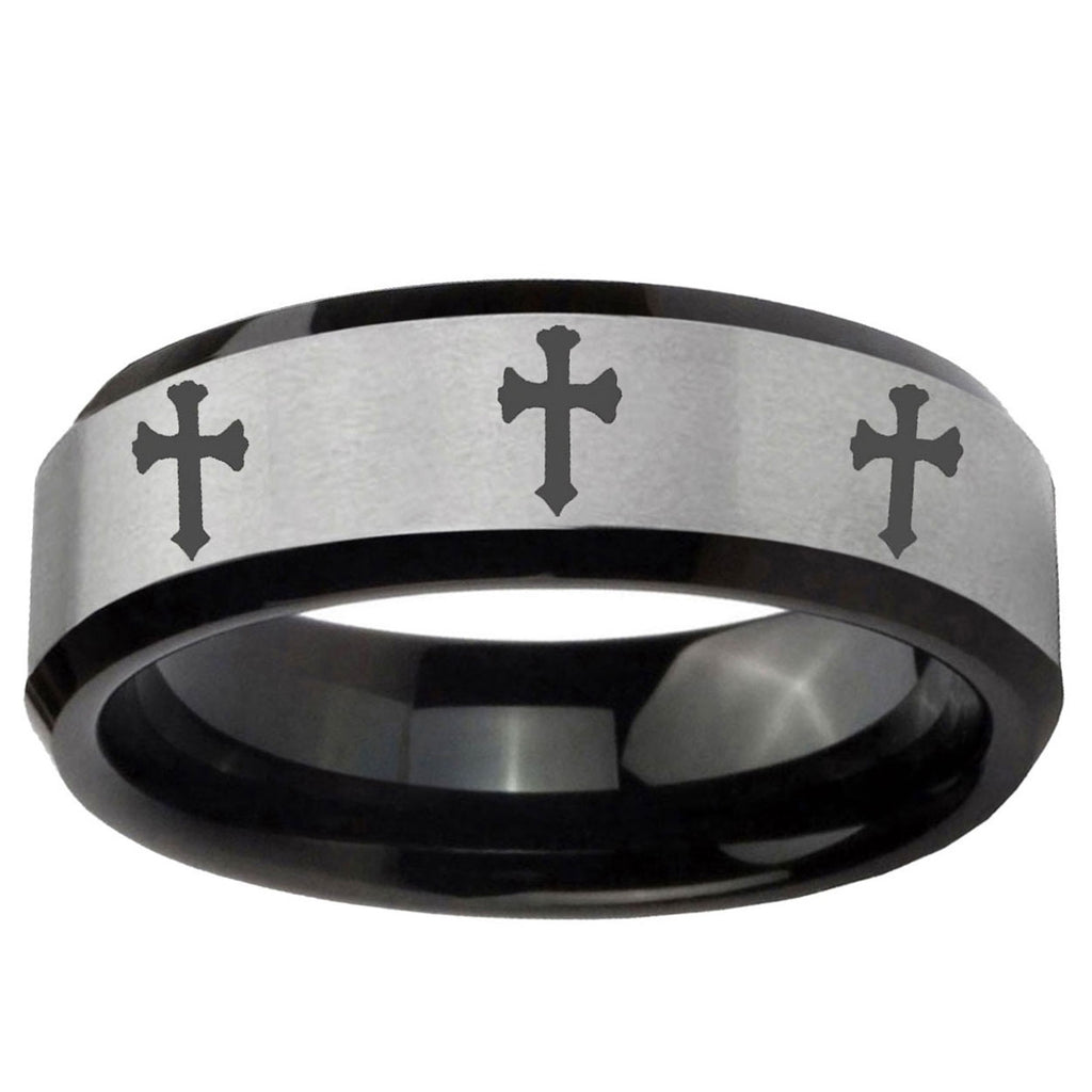 5mm Multi Christian Cross Two-Tone Beveled Gray Black Tungsten Wedding Ring