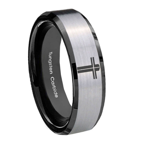 10mm-Flat-Christian-Cross-Beveled-Brushed-Silver-Black-Tungsten-Bands-Ring