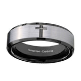 10mm-Flat-Christian-Cross-Beveled-Brushed-Silver-Black-Tungsten-Bands-Ring