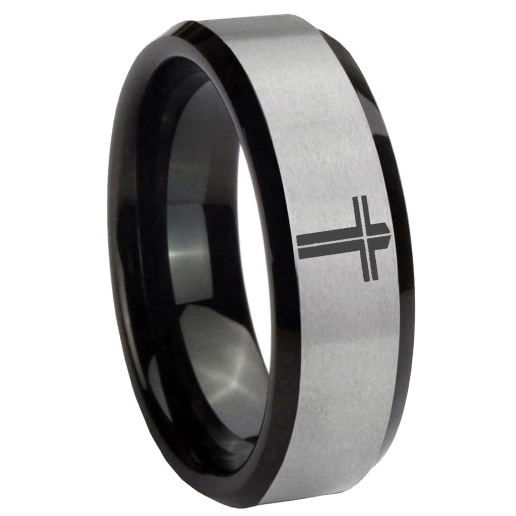 10mm Flat Christian Cross Beveled Brushed Silver Black Tungsten Bands Ring