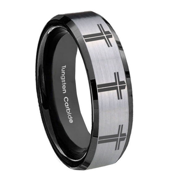 10mm-Multiple-Christian-Cross-Beveled-Brushed-Silver-Black-Tungsten-Men's-Ring