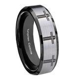 10mm-Multiple-Christian-Cross-Beveled-Brushed-Silver-Black-Tungsten-Men's-Ring