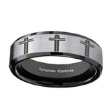 10mm-Multiple-Christian-Cross-Beveled-Brushed-Silver-Black-Tungsten-Men's-Ring