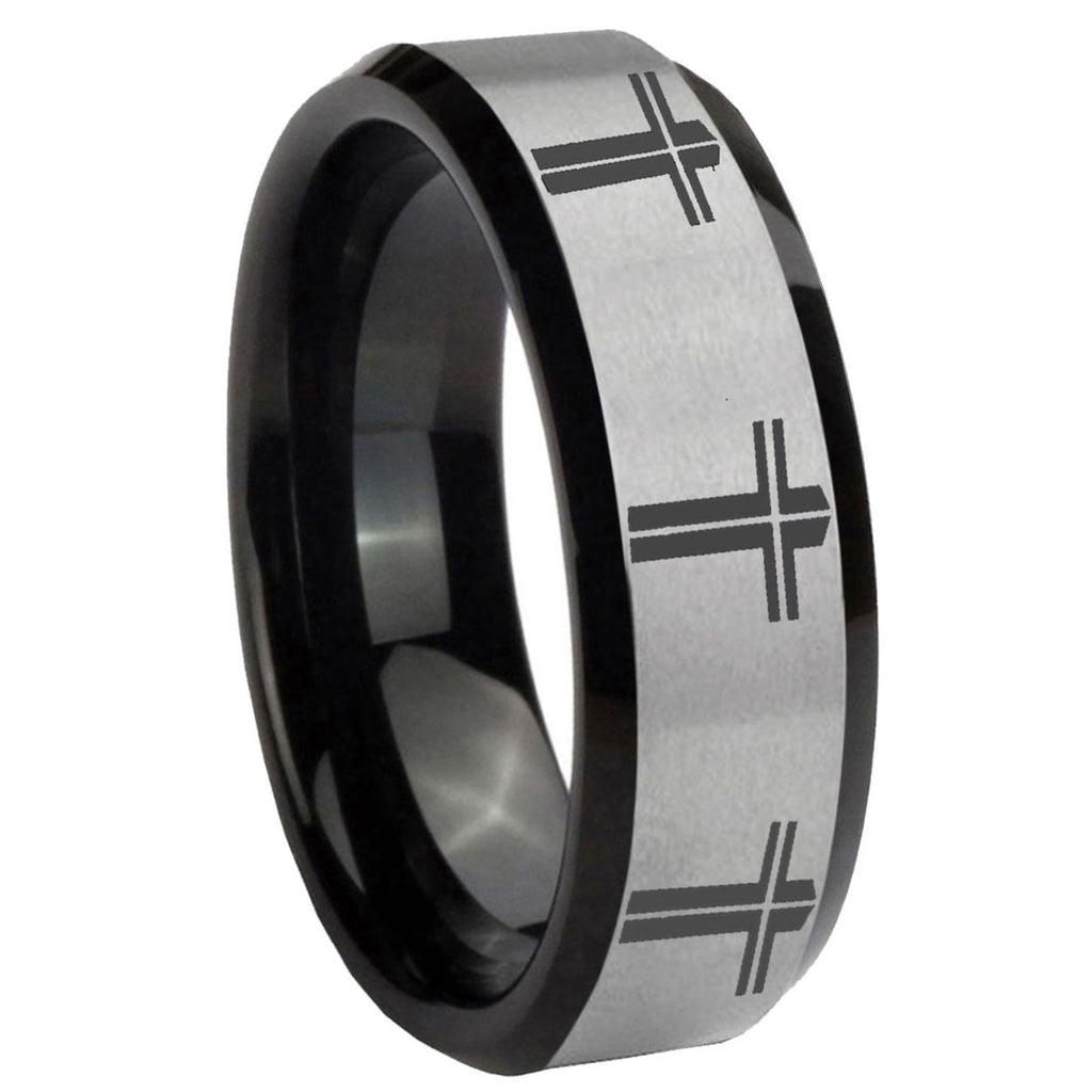 8mm Multi Christian Cross Two-Tone Beveled Gray Black Tungsten Wedding Ring
